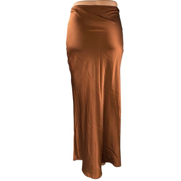 Princess Polly Jones Brown Silk Satin Ruched Slim Side Zip Maxi A-Line Skirt 2 - Picture 3 of 5